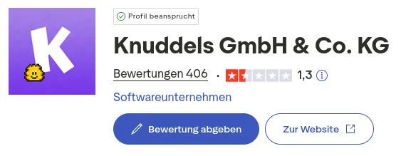 Knuddels GmbH & Co. KG auf Trustpilot mit 1,3 Sternen bei 406 Bewertungen