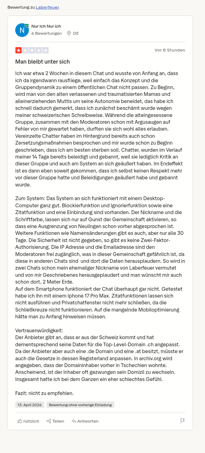 Screenshot der aktuellen 1-Sterne-Bewertung zu Laberfeuer auf Trustpilot